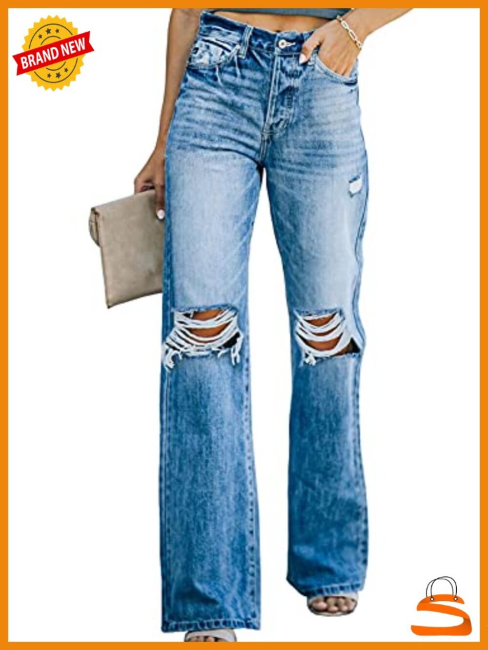 Wide Leg Ripped High Waisted Denim Jeans Destroyed Stretchy
